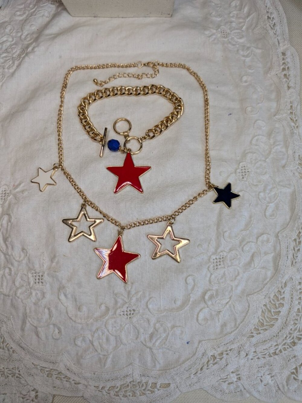 Gold Tone Patriotic Star Necklace & Bracelet Set Red, White & Blue Enamel Charms